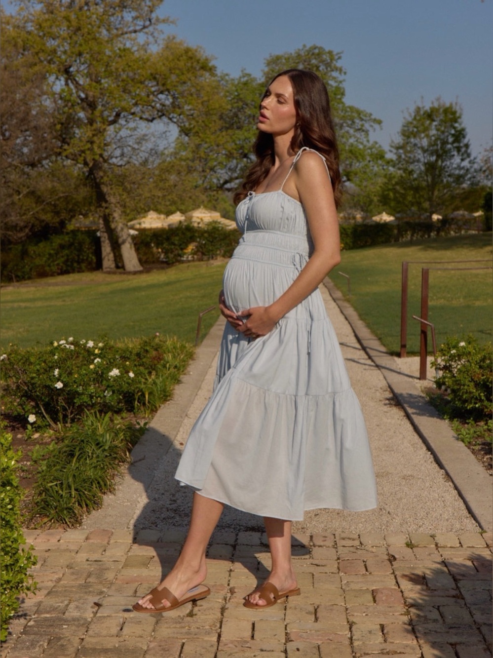 Bumpsuit Shirred Midi Poplin Dress in Ice Blue Tie-Shoulder Maternity Midi Dres